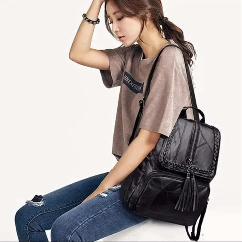 Vegan PU Leather Black Backpack Travel Bag